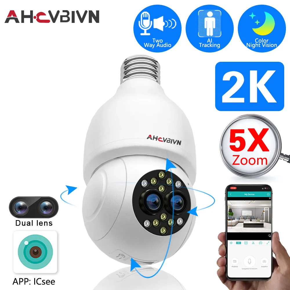 E27 WiFi Binocular Security Camera With 2K Resolution, 5X Zoom, Auto