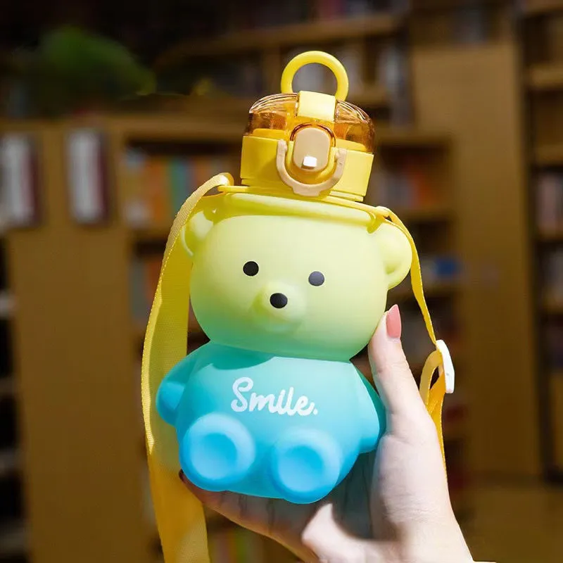 Gradient Plastic Straw Cup with Lid and Straw, 800ml Cute Bear Water ...