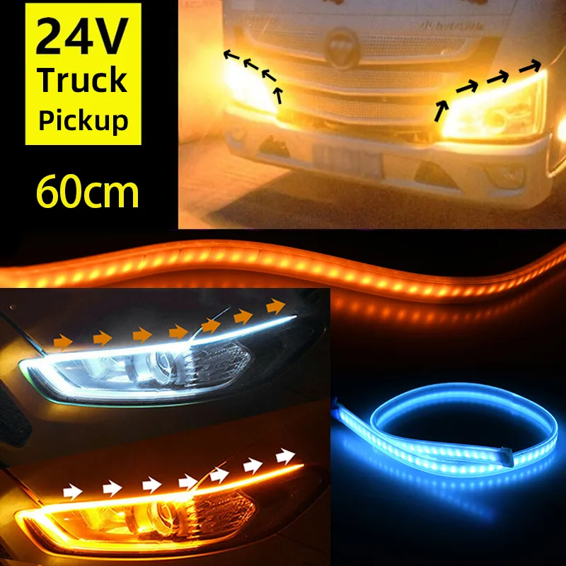 Car LED Strip Lights, 2Pcs 24 Inch Flexible LED Headlight Strips Dual Color White Turn Signal Yellow Lights Waterproof Car Daytime Running Light Strip For Truck SUV