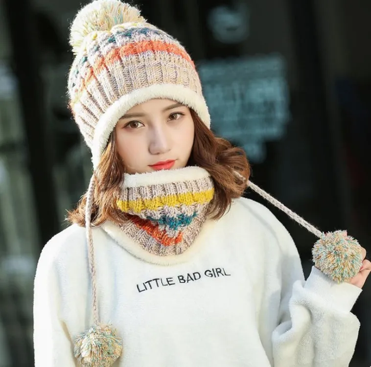 Winter Beanie Hat Circle Scarf Set Fleece Lined Chunky Knit Ear Flaps 30% Wool Winter Beanie w/Visor & Earflaps for Men Outdoor  main image 2