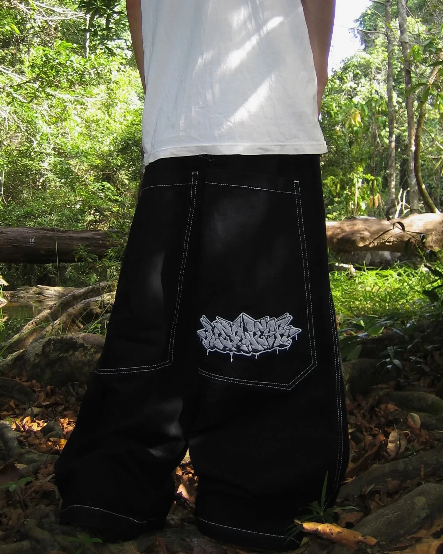 Wexwear Black Graffiti Embroidery Baggy Wide Leg... From Hui01 