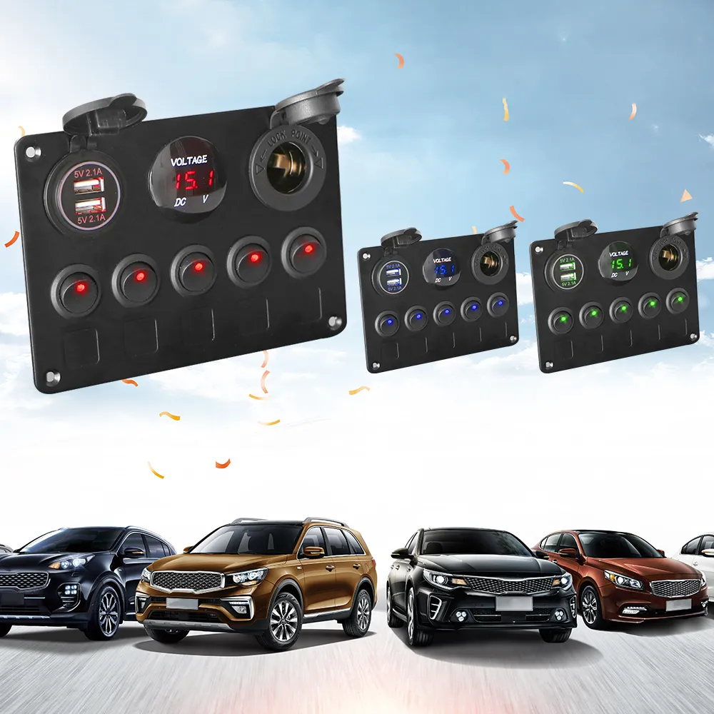 12V 24V LED Switch Panel 5 Button Toggle With USB 3.0 Chargers And Volt ...