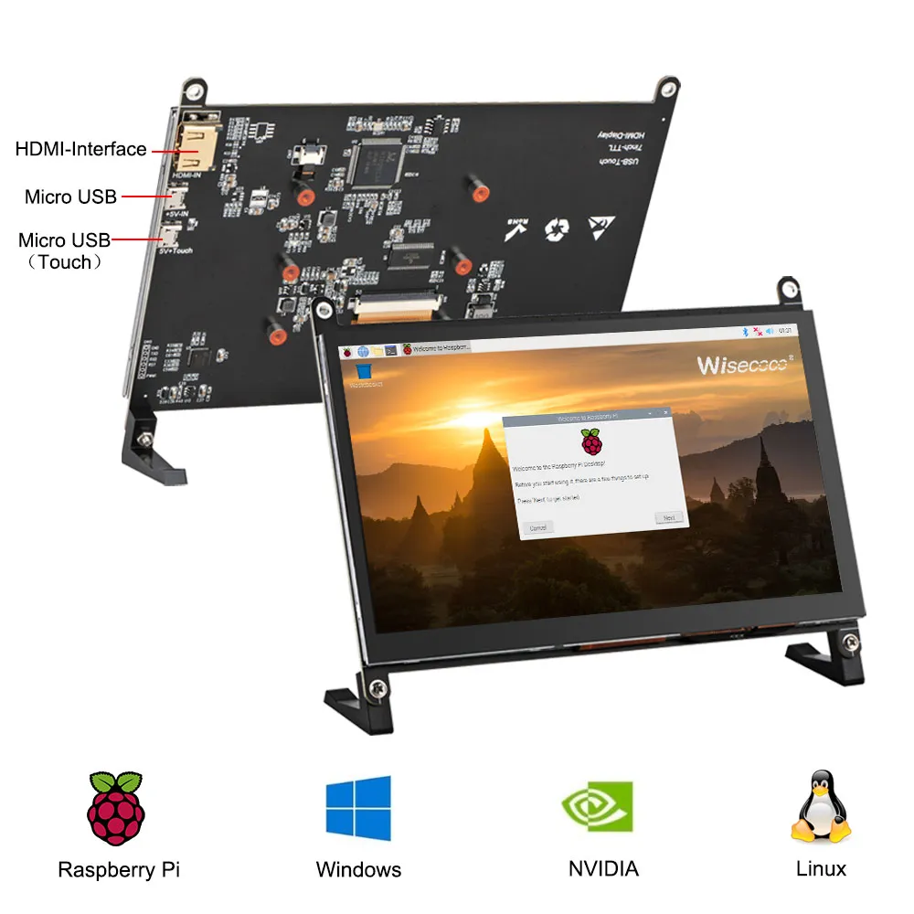 Wisecoco 7 inch 1024*600 LCD Screen Display HDMI For Raspberry Pi 5 4 3 3B  3B 2B BB Black Banana Pi PC Capacitive Touch monitor