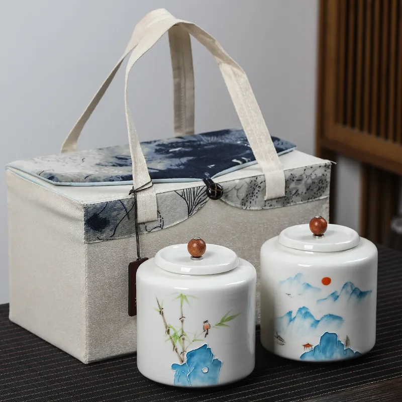 White Ceramic Airtight Jar With Lid Tea Jar Landscape Flower Candy