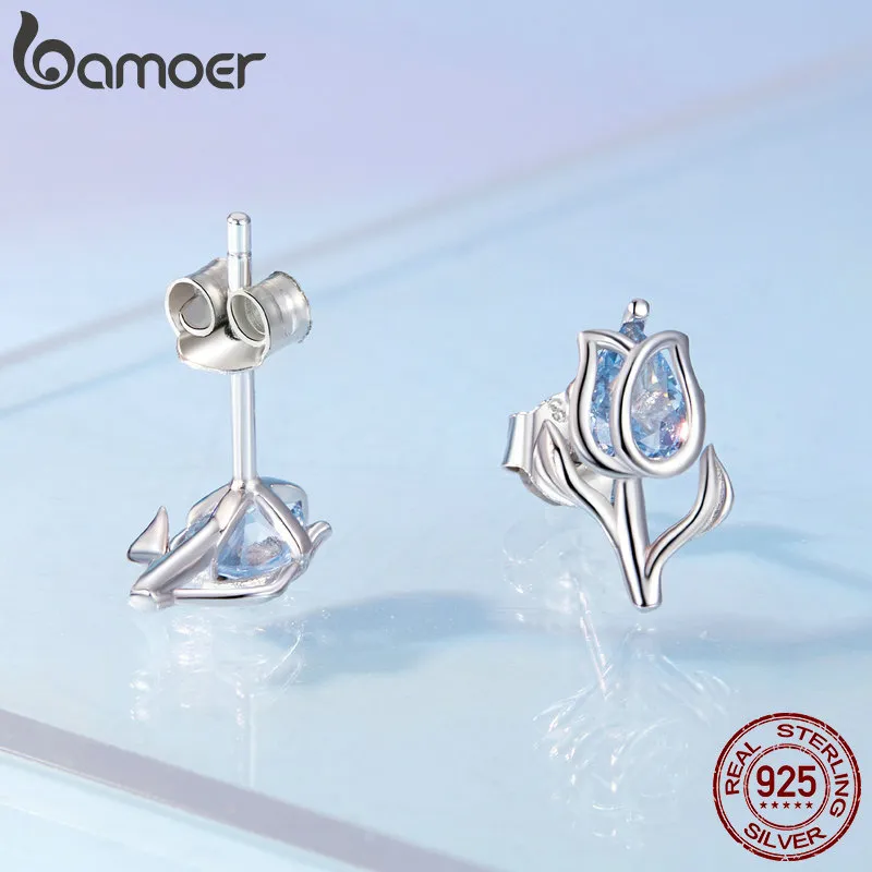 BAMOER 925 Sterling Silver Cat & CZ Crystal Stud Earrings, Hollow Cute Animal Jewelry