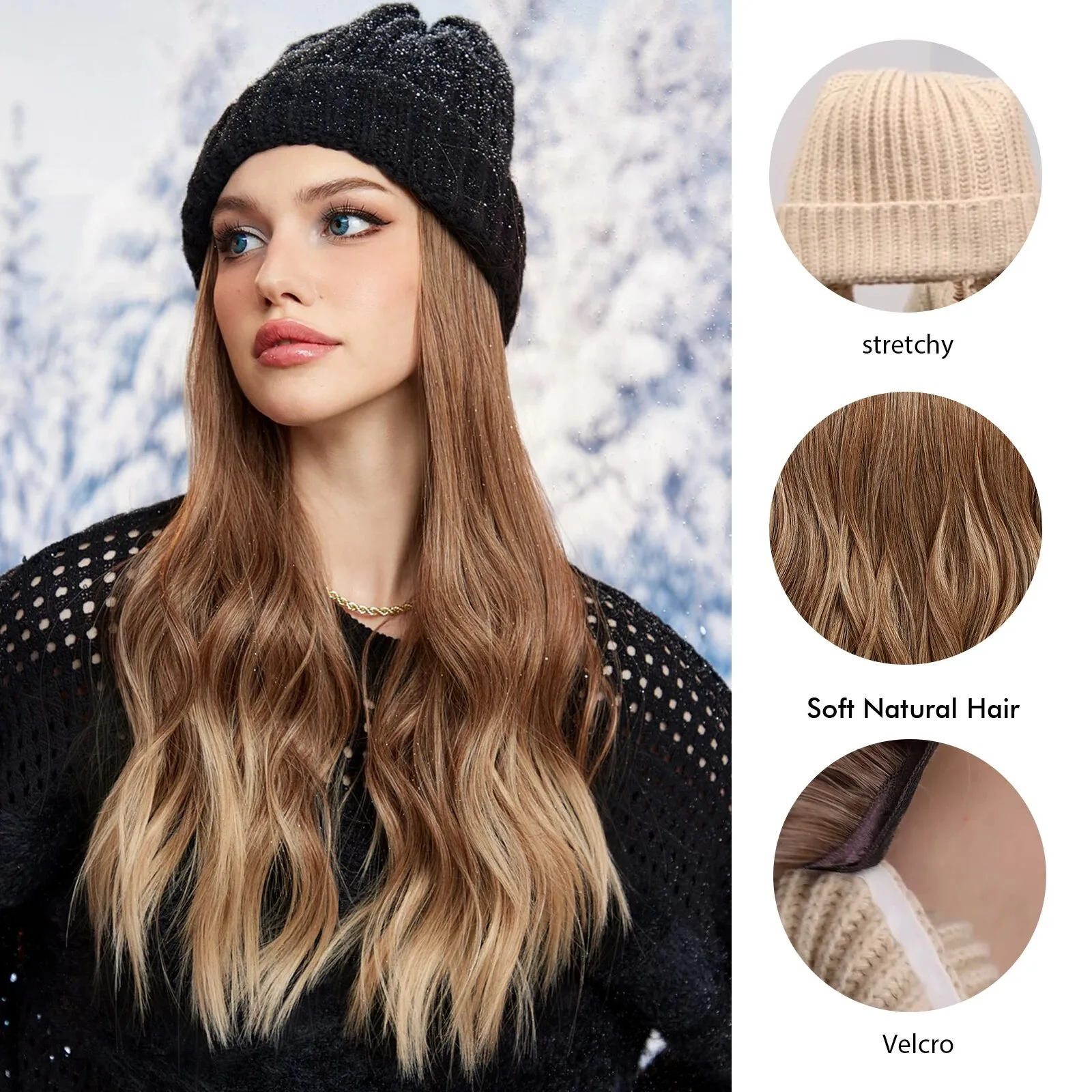 Kint Cap With Ombre Brown Long Wavy Hair Extensions For 