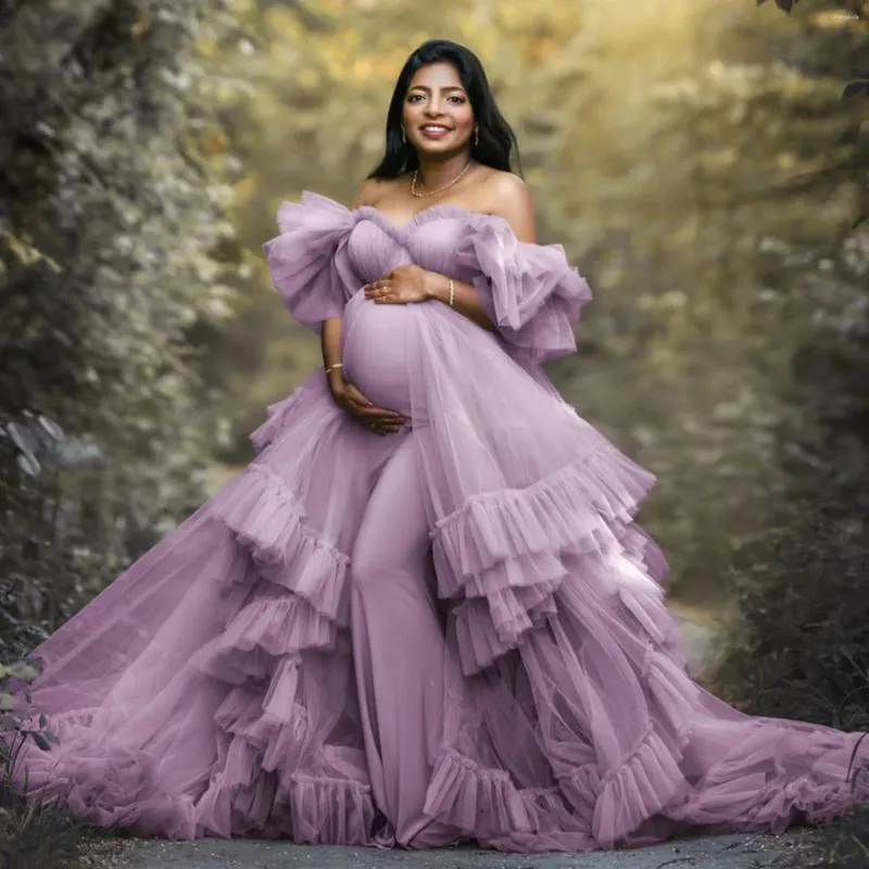 Maternity Dresses for Photoshoot, Purple Baby Shower Dress Off Shoulder