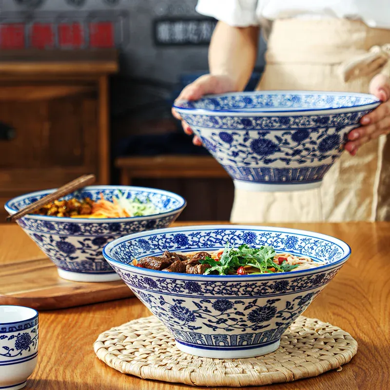 Save Big on Bulk Porcelain Ramen Bowl Japanese Ceramic Dinnerware Trumpet  Ramen Bowl: Korean Blue And White Porcelain Big Bowl For Home Restaurant 