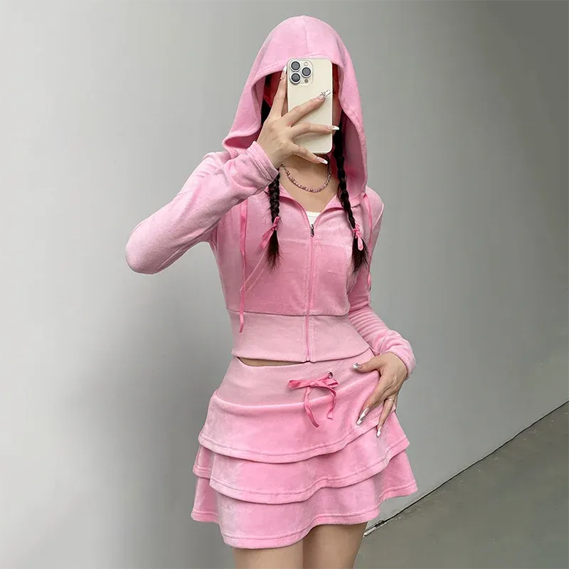 【Anyone more】Clean Velvet Hood Zip-Up Setup Skirt DHgate.com:Velvet Two-Piece Kawaii Set: Zip-Up Hoodie & Lace
