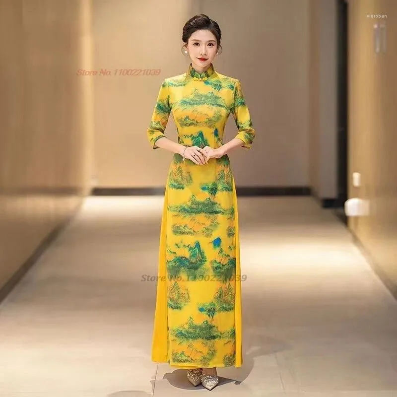 Cheongsam Qipao Dress Vintage Flower Print Cotton Short Sleeve Traditional  Asian Clothing for Women