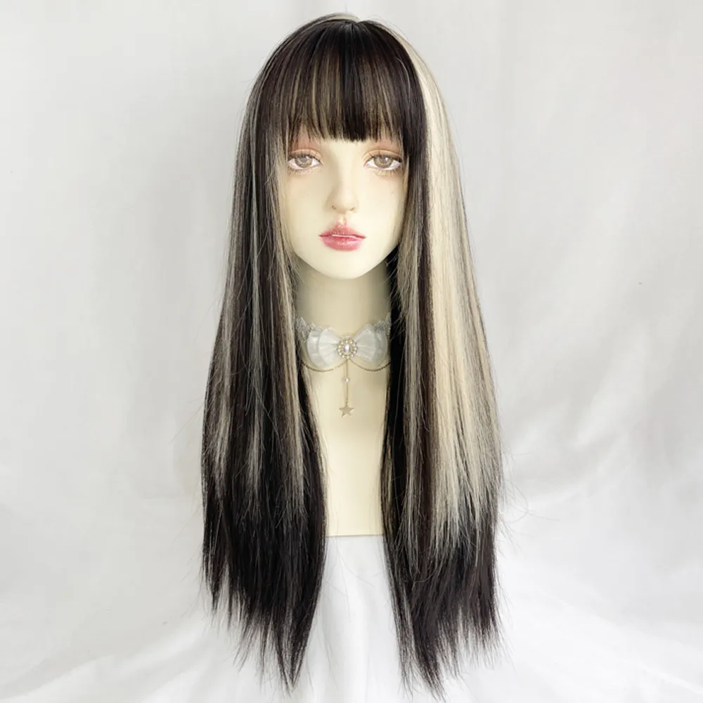 White straight wig ombré black with bangs 24 inches long Heat ok Amazon.com : Fugady Black and White Wig with Bangs Long  main image 2
