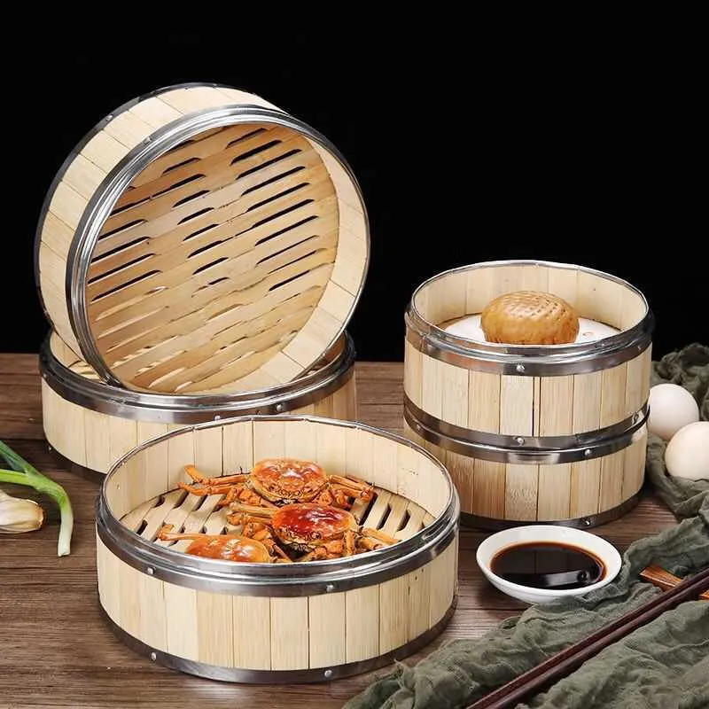 3 Tier Kitchen Bamboo Steamer With Double Stainless Steel Banding For Asian C