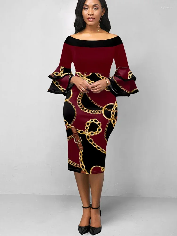 Elegant Chain Print Off Shoulder Ruffle Wizard Sleeve Midi Dress For Women Perfect For Work And Casual Wear In 2024 From Phyllisessa 25.81 In Bulk DHgate.Com