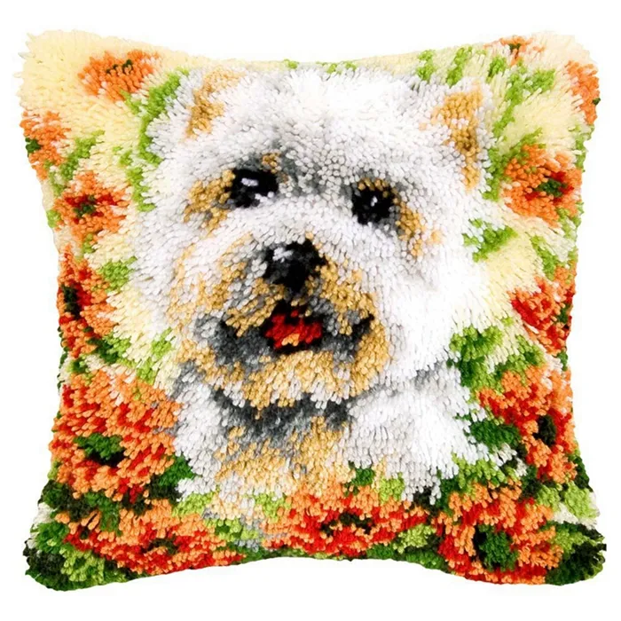 Dachshund Latch Hook Kit - DIY Pillow Cover Or Rug, 43x43cm, Includes Pre-Cut Yarn, Canvas & Hook