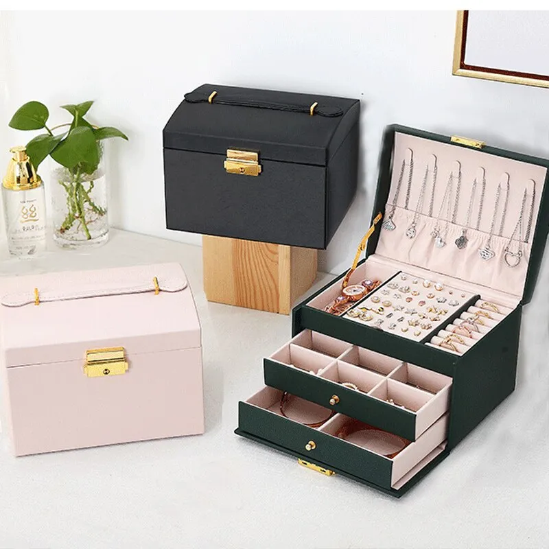 Locked Jewelry Boxes: Three Layer Faux Leather Jewelry Organizer