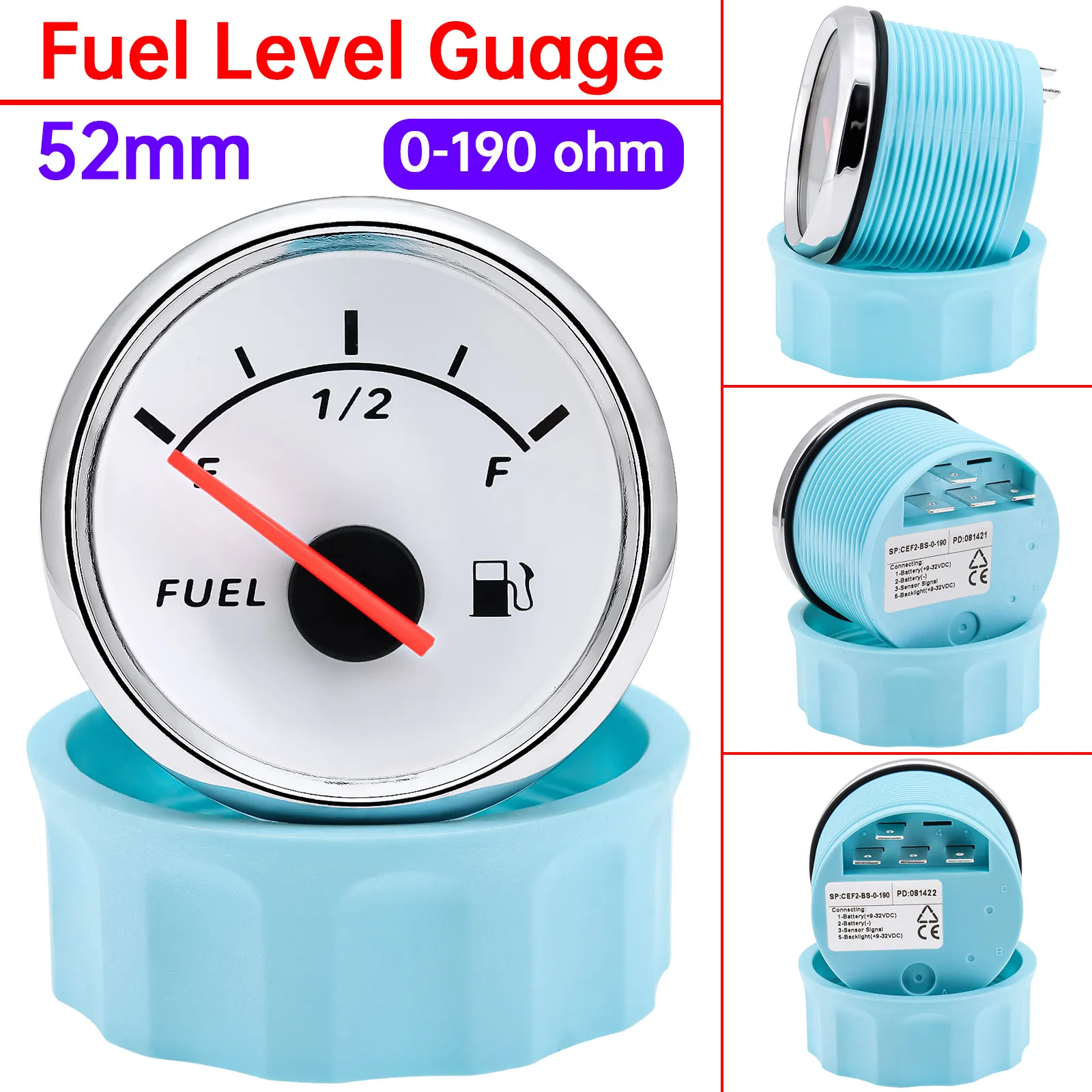 W PRO 52mm 2-1/16" Fuel Level Gauge 0-90 ohms Red LED Warning