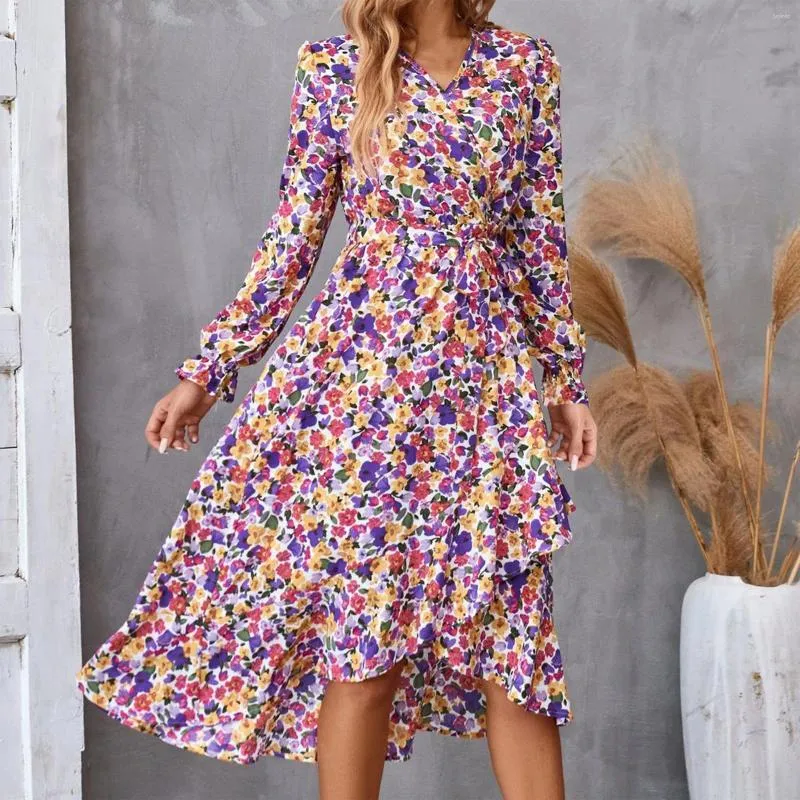 Save Big on Bulk Floral Print V Neck Dress Casual V Neck Dress: Loose Long  Dresses For Women, Autumn Floral Print, High Waisted, Irregular Hem,
