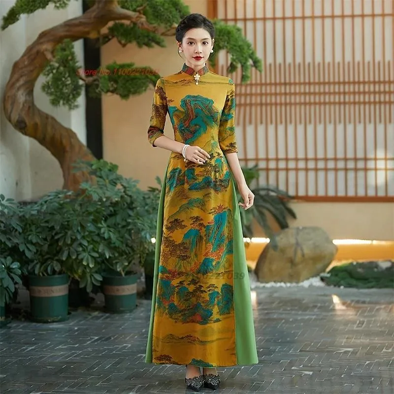 xieroban Ethnic Clothing 2024 AO Dai Vietnam Traditional Qipao Dress Chinese Vintage Cheongsam Oriental Elegant Flower Print Banquet Evening
