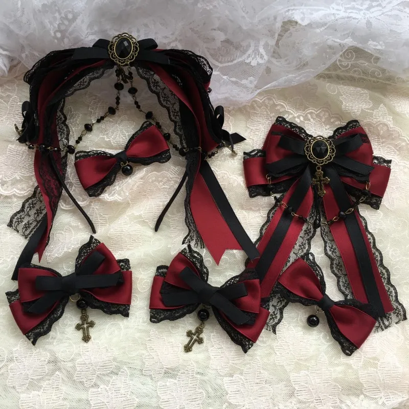 Black and wine red bow hairpin gothic style hair accessory  display picture 1