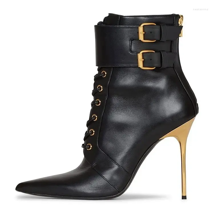 Boots Black Stiletto Lace Up Buckle Shoes Pointed Toe Heeled Ankle Large Size 13 15 Ladies Fashion