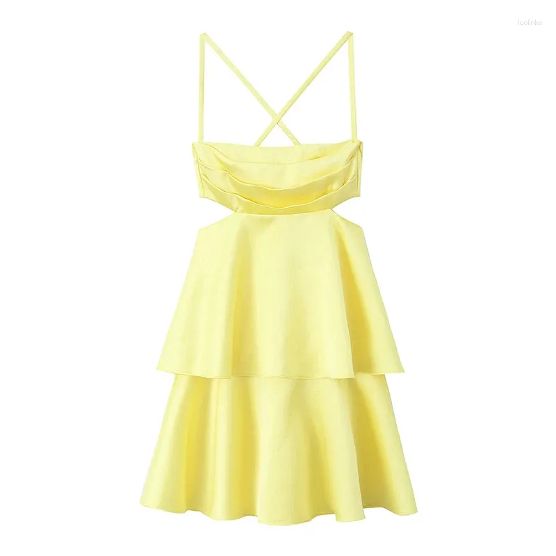 2024 Women's Yellow Satin Backless Mini Dress with Thin straps - Perfect for Casual Parties and Summer Sexy Style