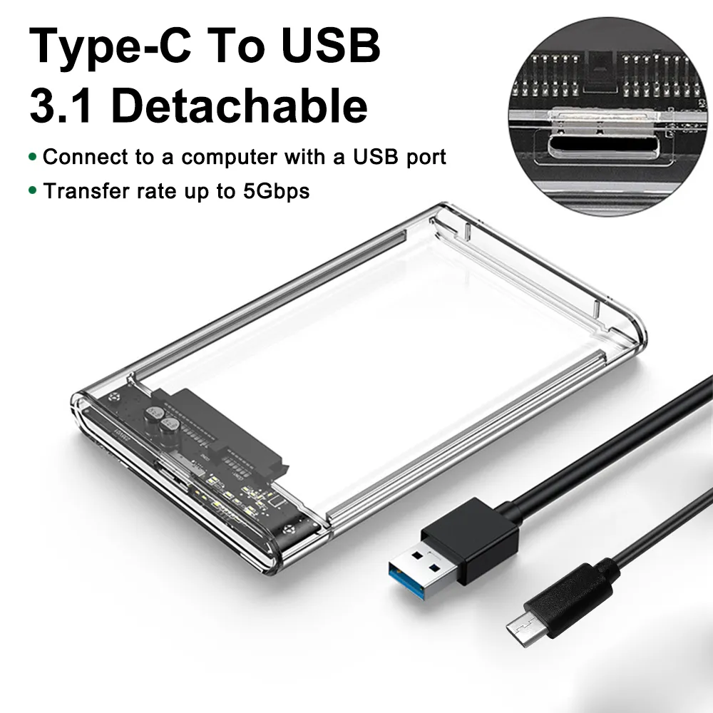 Type-C/USB 3.1 to SATA Computer External Max 5TB Supportive Hard Drive Disk HDD Enclosure for 2.5 Inch 9.5mm Hard Disk SSD Box