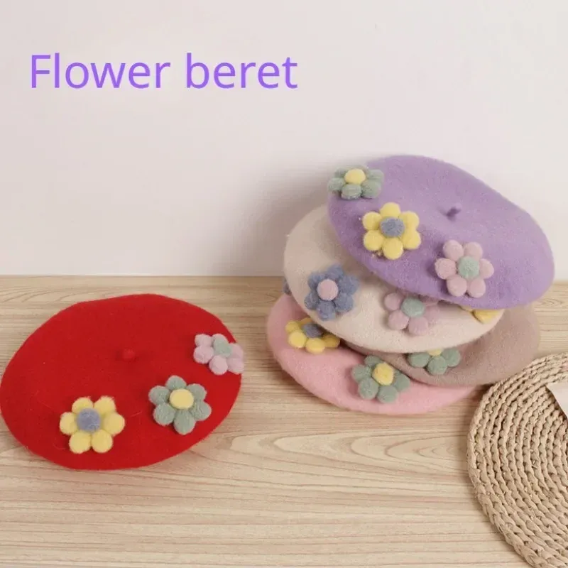 Vintage Tricolor Flower Beret Hat for Kids Soft Cotton Toddler Artist  Painter Cap