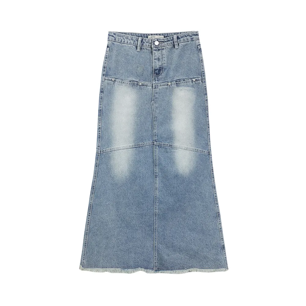 スカート Harper Tassel Pocket Denim Long Skirt BLUE Autumn Vintage Blue Denim denim skirt with High Waist and