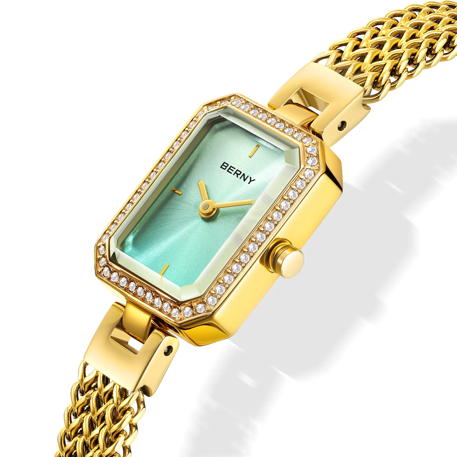 BERNY Gold Diamond Small Rectangle Wristwatch: Minimalist Quartz
