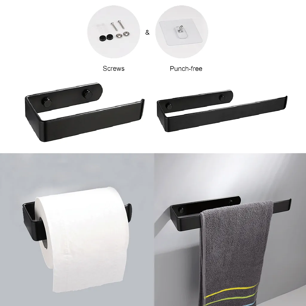 Toilet Paper Holder With Storage Shelf – Black Aluminum – Wall Mount Or Adhesive – 18.5 Cm Wide – Modern Bathroom Accessory