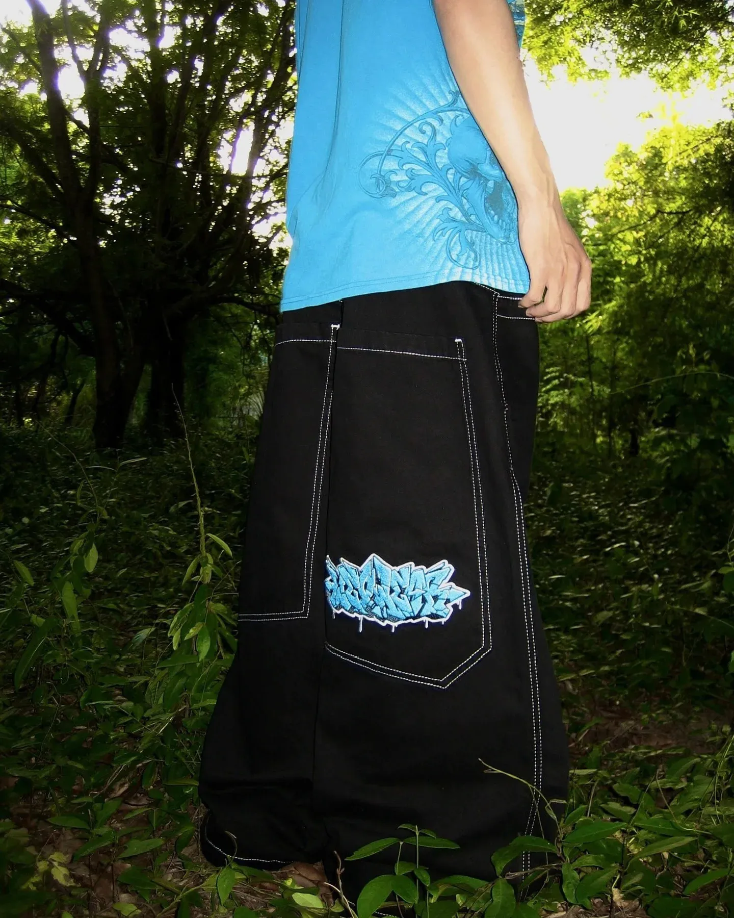Wexwear Black Graffiti Embroidery Baggy Wide Leg From Hui01