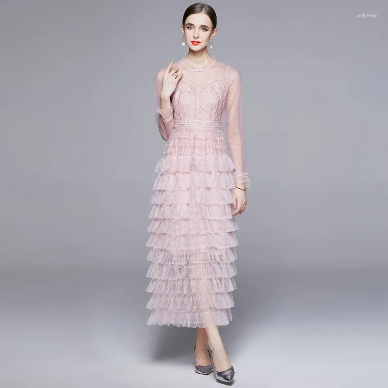 Womens Ankle-Length Embroidered Mesh Patchwork Dress with O-Neck and Long  Petal Sleeves for Autumn from Dhgate Basic & Casual Dresses - price 46.74