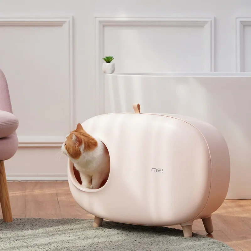Cat Litter Box Mochi Shaped Fully Enclosed Cat Toilet Furniture with Solid Color Design