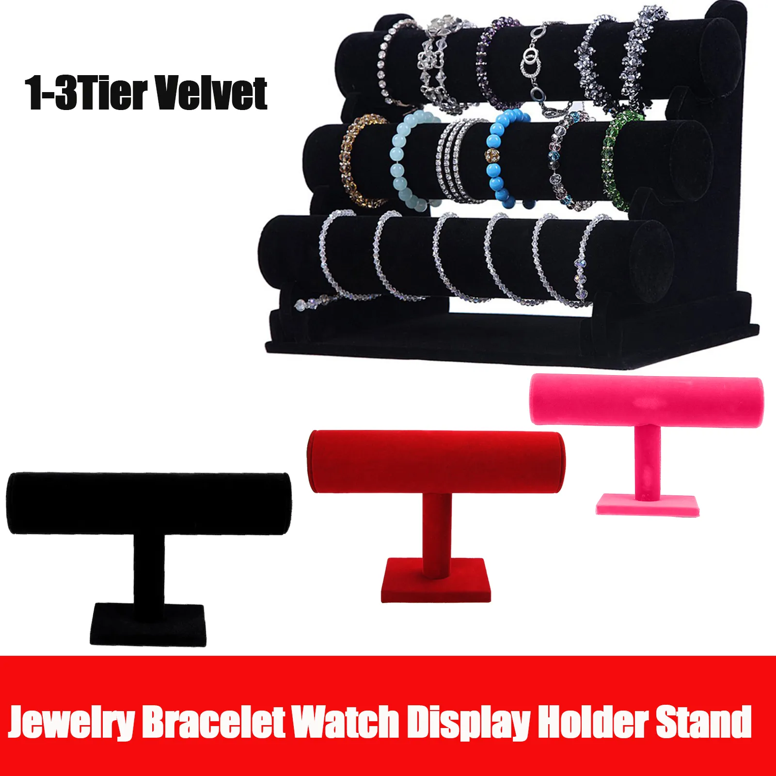 Présentoir à Bijoux 3 Niveaux Velours Noir - Pour Bracelets, Colliers, Montres, Bagues - Idéal Maison Ou Boutique - 6