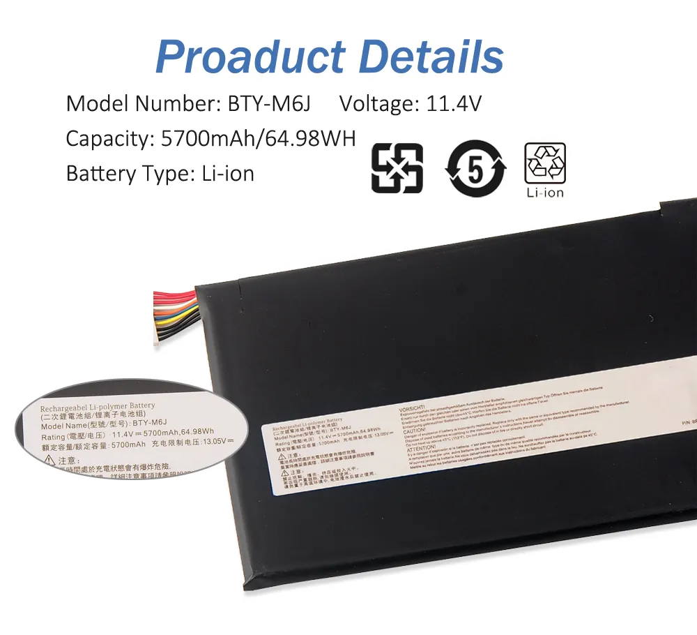 BTY-M6J BTY-U6J Sostituzione della batteria del laptop per MSI GS63 GS63VR GS73 GS73VR 6RF-001US BP-16K1-31 6RF-013CN 7RG-035CN 7RF-284CN Series(11.4V 64.98Wh 5700mAh