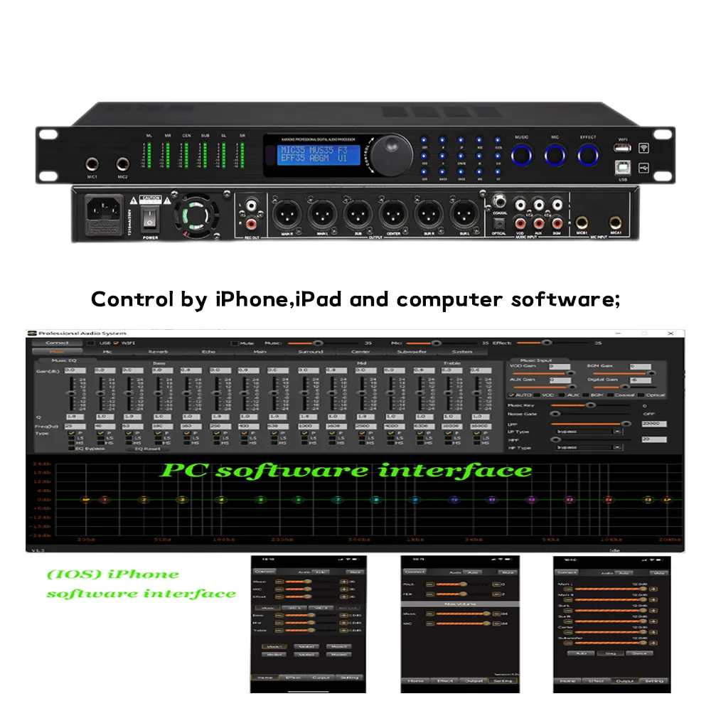 BX6 Professional Digital KTV Pre-effector Audio Echo Effect Processor DSP Audio Processor Anti Howling PC Software Bluetooth USB