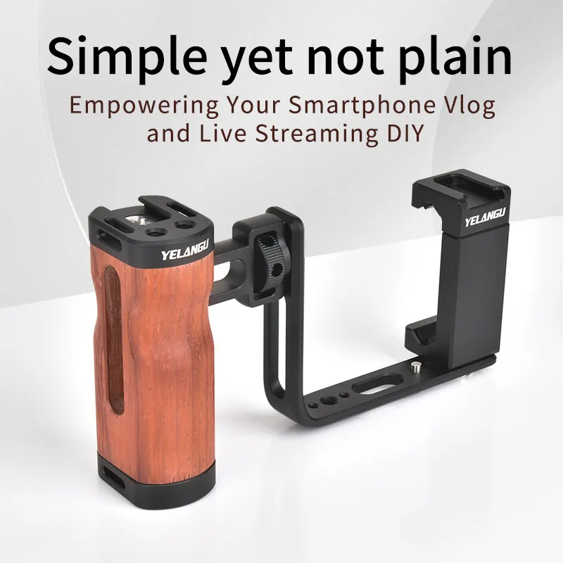YELANGU Universal Smartphone Video Rig Stabilizer with Wooden Handle Cold Shoe for iPhone Android Filmmaking Vlog