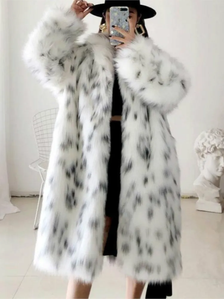 Women Faux Fox Fur Coat Mid-long Thick Warm Snow Leopard Print