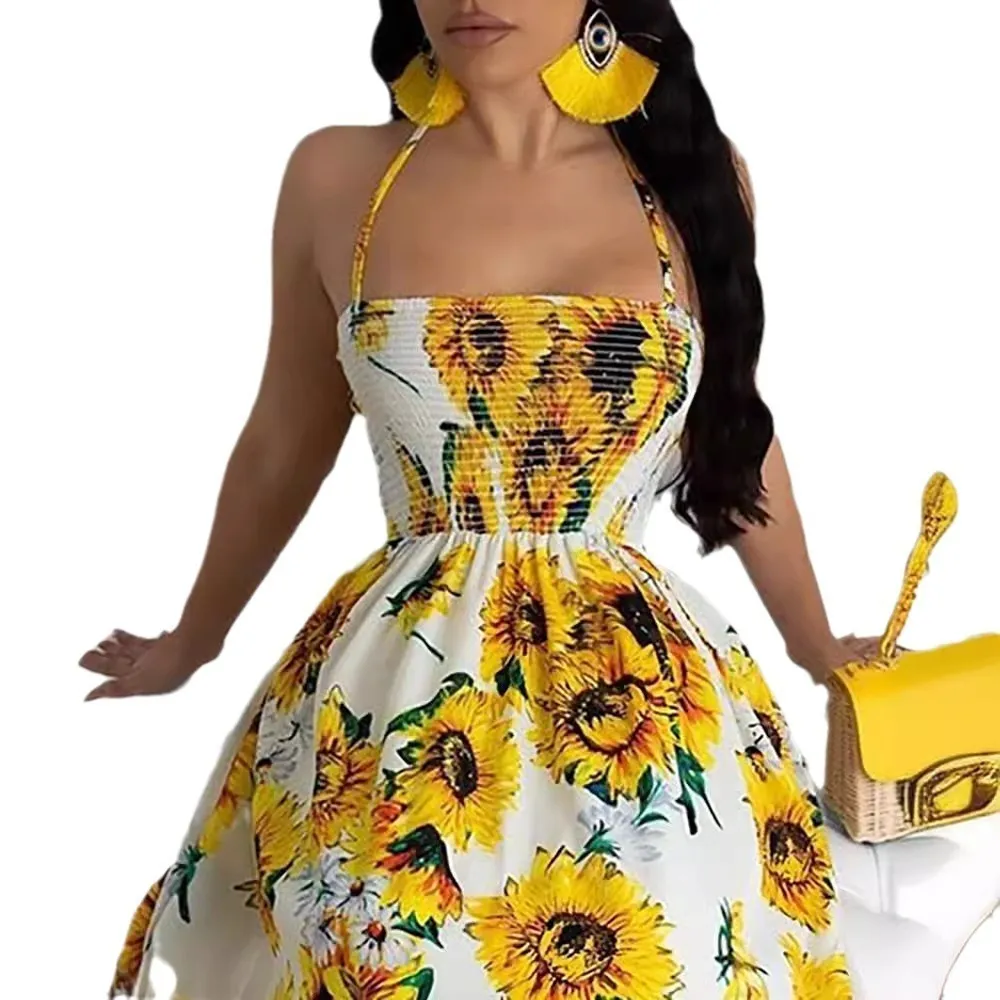day dress in lemon yellow cotton with stylized sunflower print Sunflower dress skirt summer dress New dress