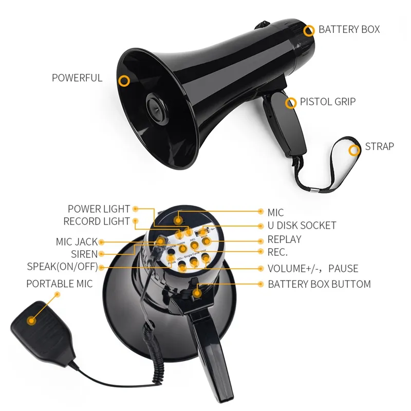 35 Watt Portable Megaphone Speaker Bullhorn Handheld Microphone with ...