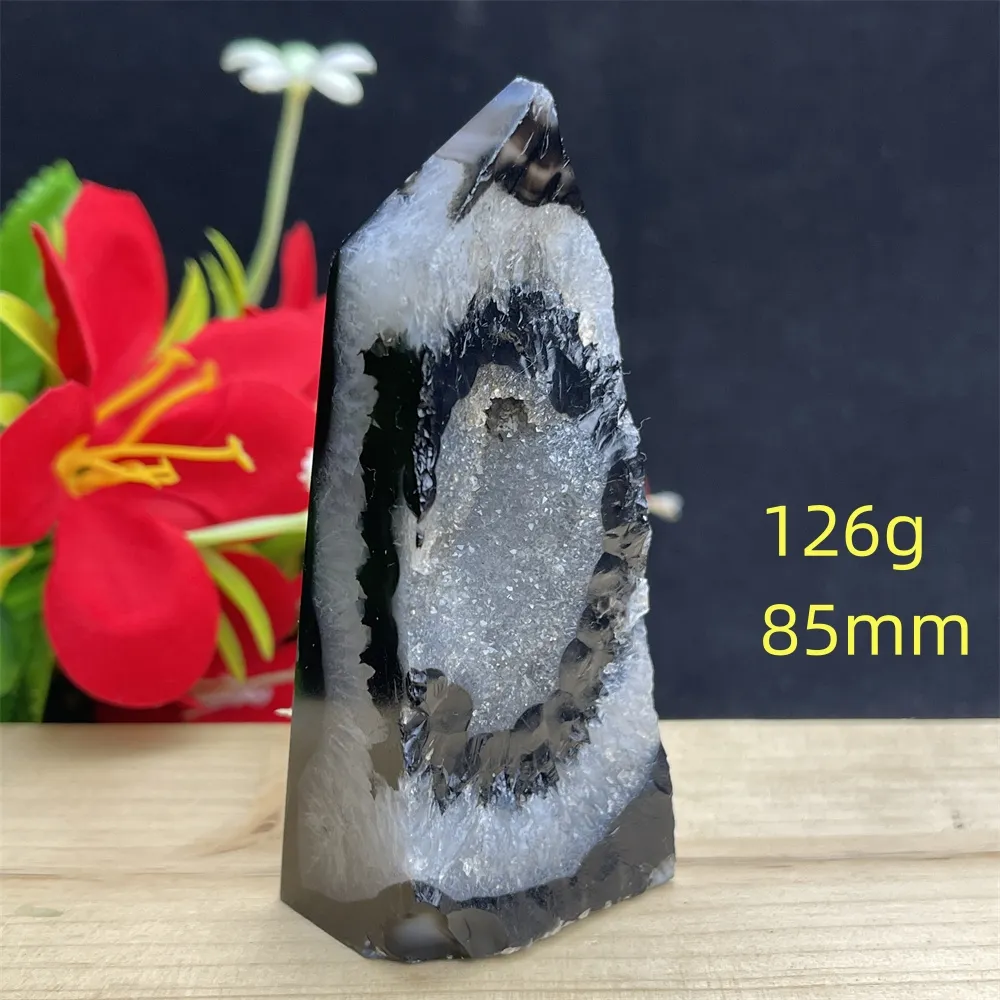 ブラックアゲート ジオード Natural Black Agate Geode Crystal Tower Hexagonal Square