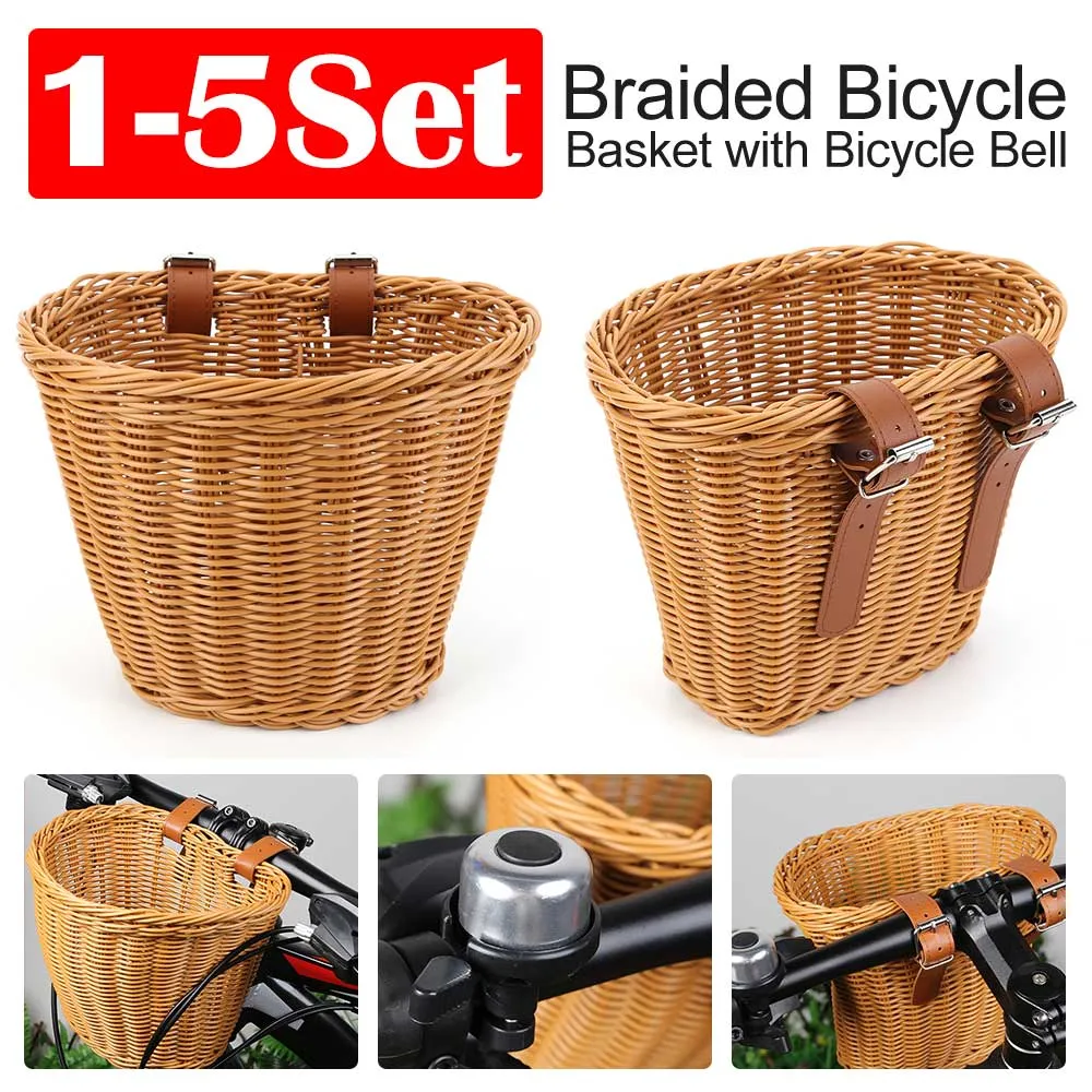 DHgate Handwoven Bike Basket Set with Bell Detachable Waterproof Bicycle Front Basket Sports Outdoors