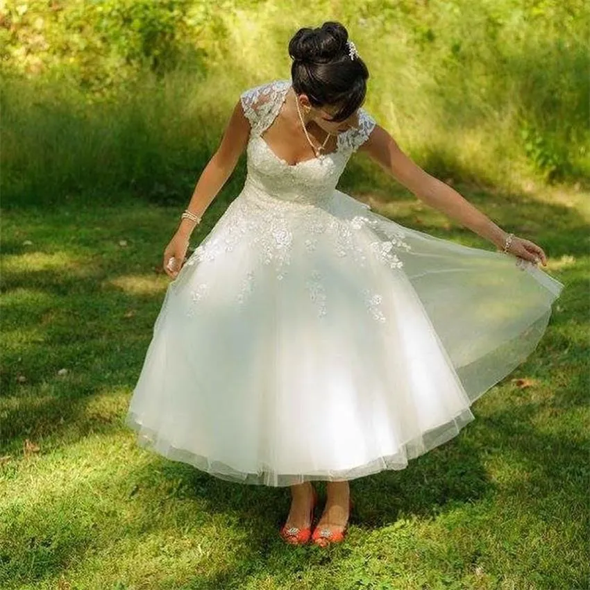 Women's Short Sleeve A-Line Wedding Dress – Lace Tea-Length Ball Gown For Outdoor Brides, Plus Size - View #6