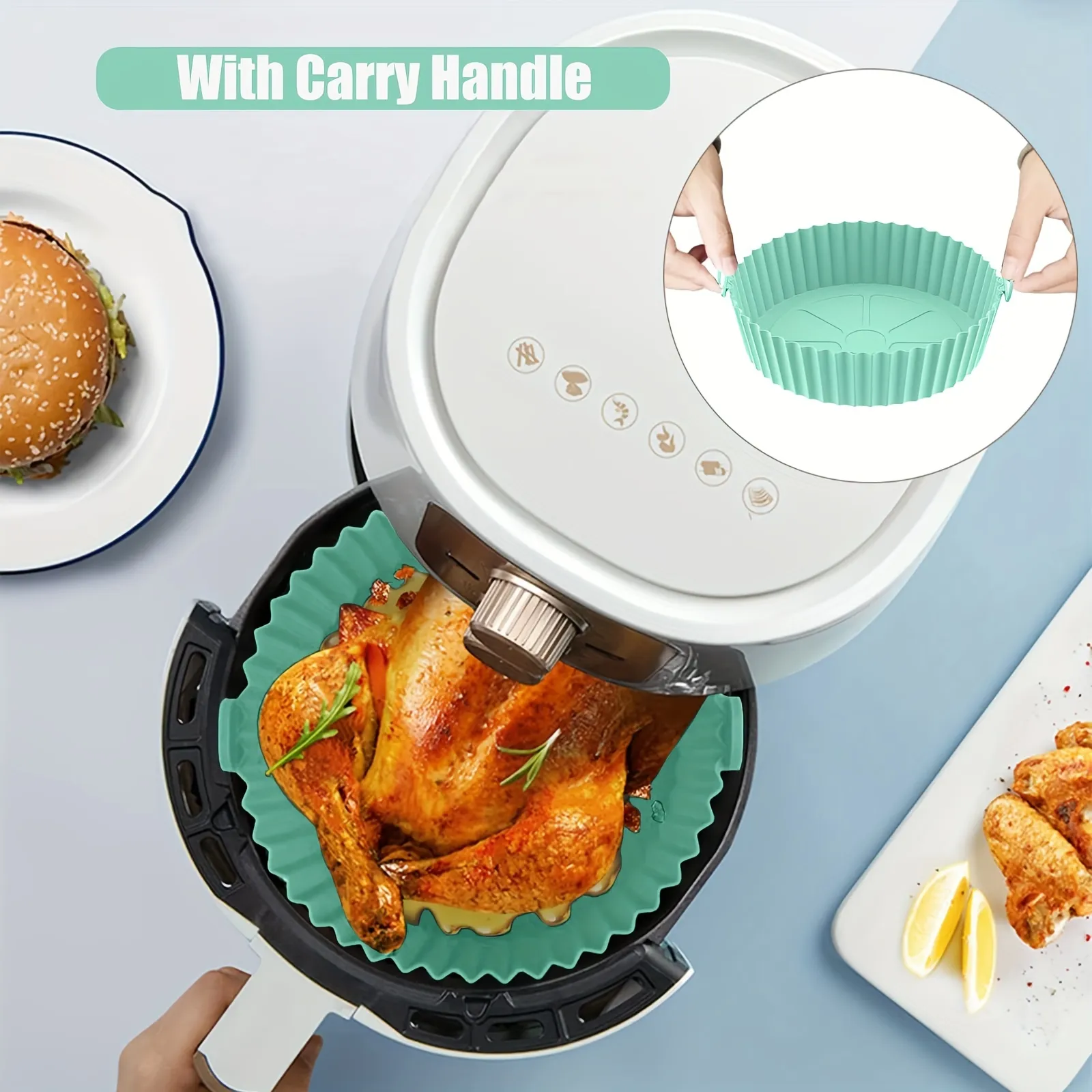 2 Pack Reusable Air Fryer Liners, 8.5 Inch Square Non-Stick Silicone
