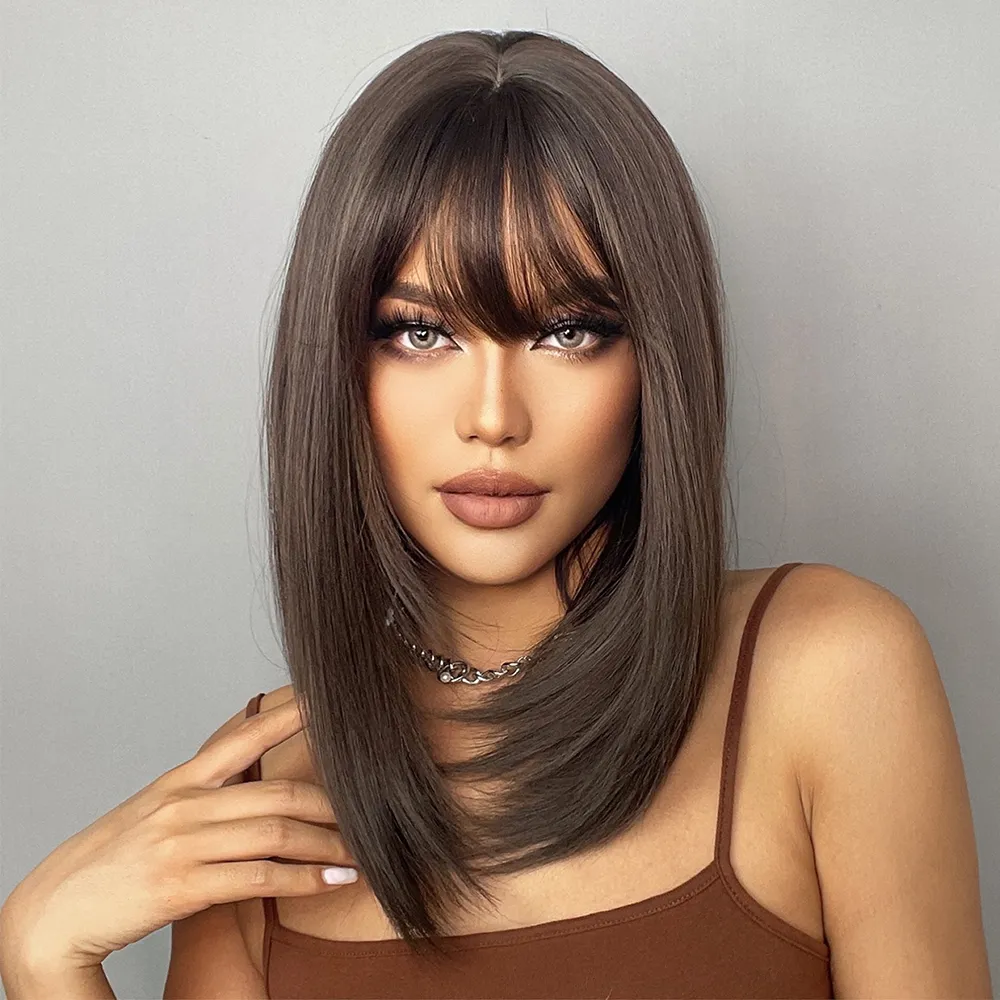 HENRY MARGU Dark Brown Medium Long Bob Synthetic Wig with Bangs Layered  Natural Straight Hair for Women High Temperature from Dhgate Mens \u0026  Childrens Wigs - price 40.49, image size:1000x1000