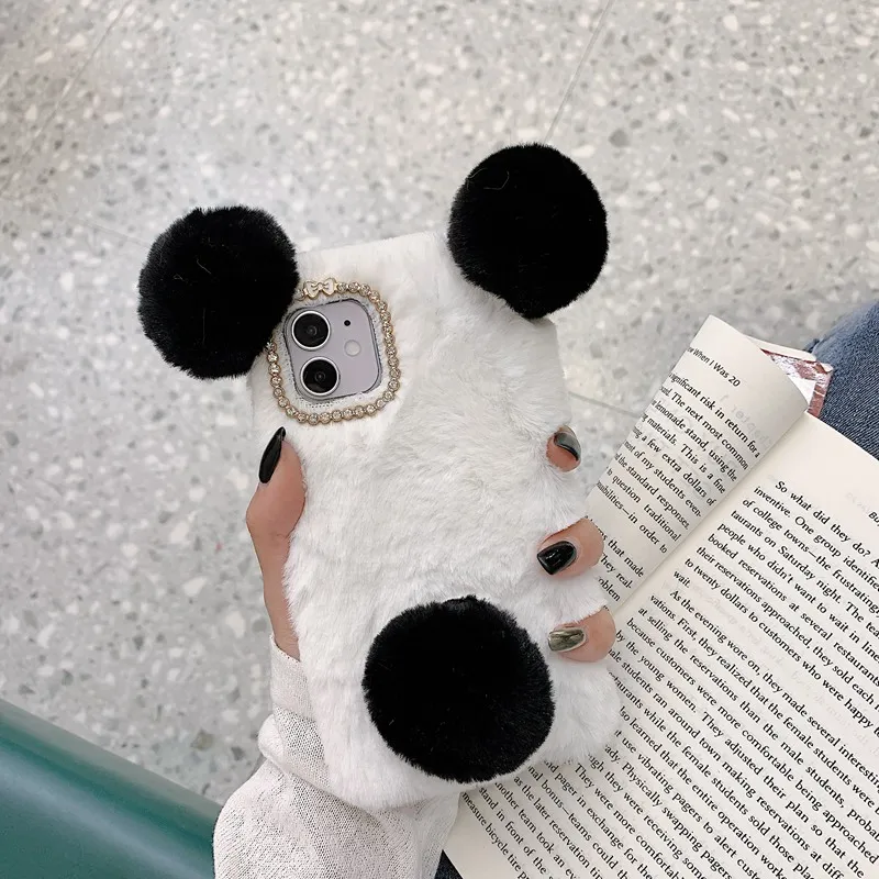 3D Panda Plush Fur Bumper Case for iPhone 14 13 12 11 Pro XS Max