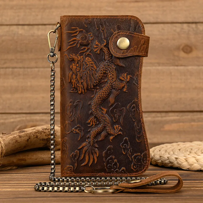 Men's Leather Chain Wallet With RFID Blocking - Checkbook Style, Biker/Rustic Design, Brown