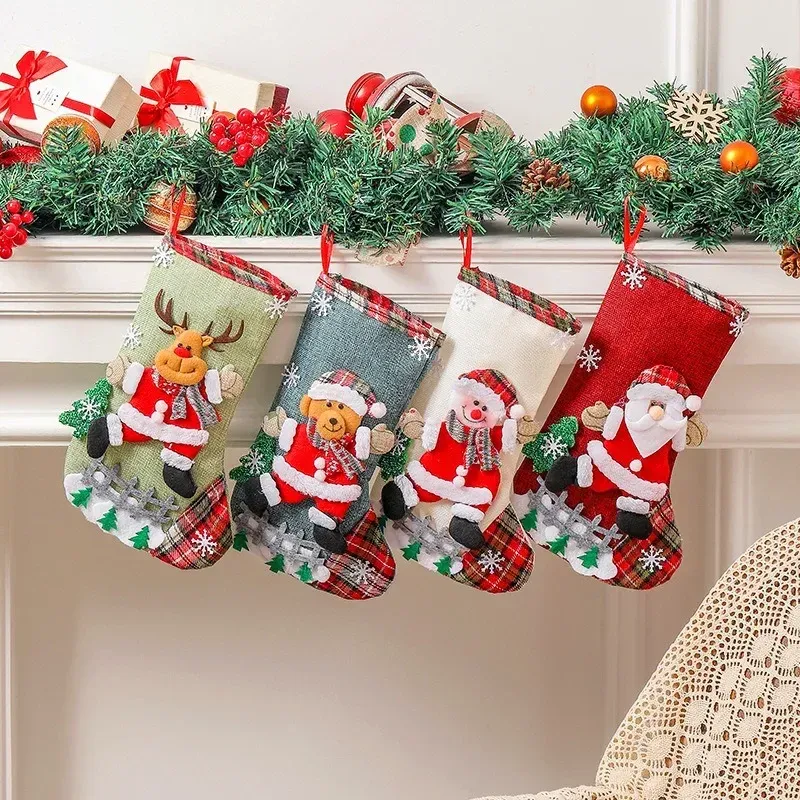 Sunnyglade 3-Pack Christmas Stockings – 17.5 Inch Santa, Snowman, Reindeer Characters, Burlap With Fluff Trim – Holiday Decor - View #5