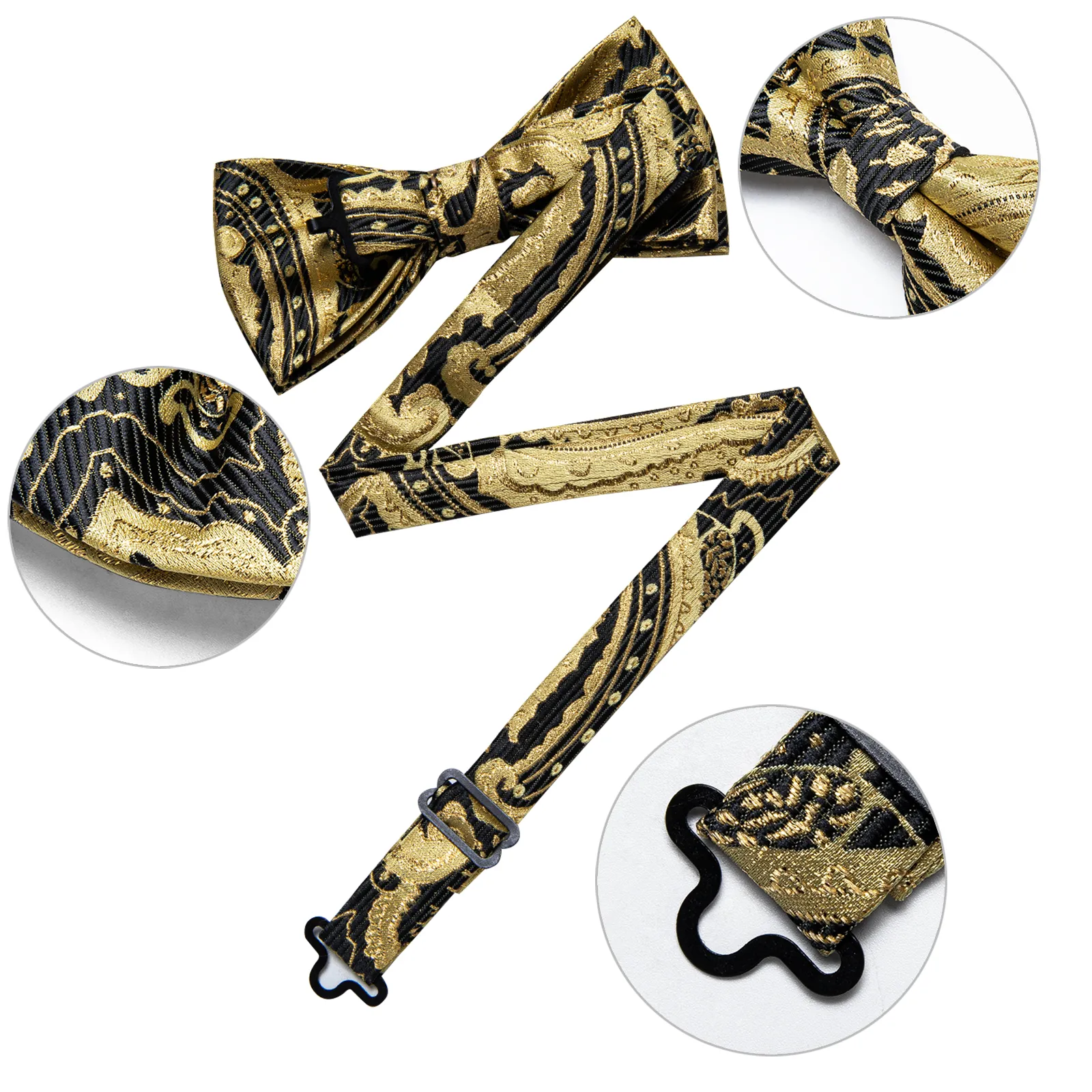 thumbnail image 2 of Black Gold Paisley Pre-Tied Bow Tie & Pocket Square Set – Formal Party 2 of 2