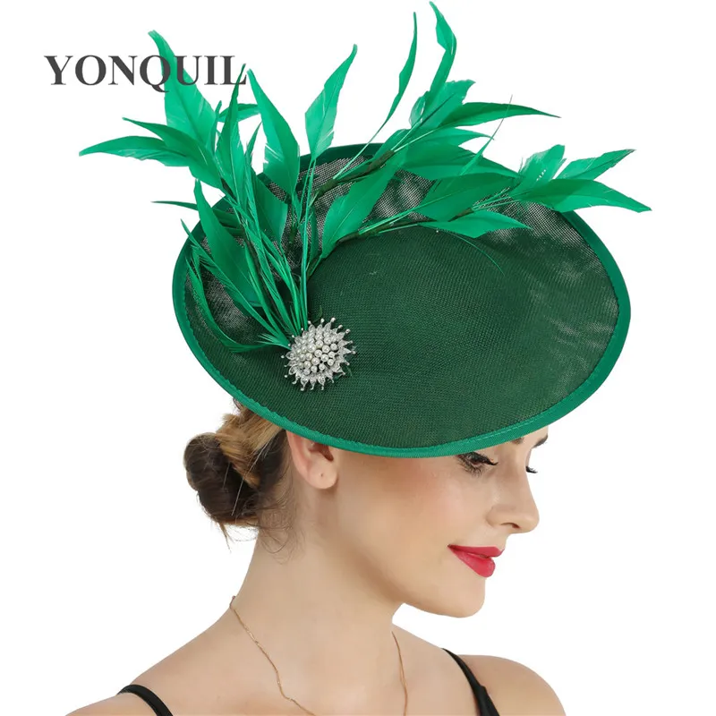 Green Large Fascinator Hat with Feather for Ladies Wedding  display picture 3